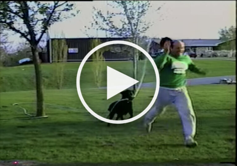 dog chases owner with hose